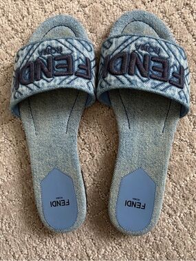 Fendi Signature Flat Slides in blue denim